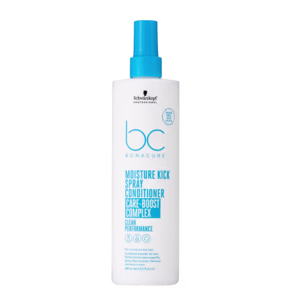 Frasco branco com tampa azul da linha Bonacure Moisture Kick, da Schwarzkopf Professional, contendo um spray condicionador de 400ml para cabelos normais a secos, com complexo de cuidados intensivos.