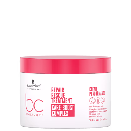 Frasco branco com rótulo vermelho da linha Bonacure da Schwarzkopf Professional, contendo o "Repair Rescue Treatment Care-Boost Complex" para cabelos danificados, com informações sobre o produto em inglês.