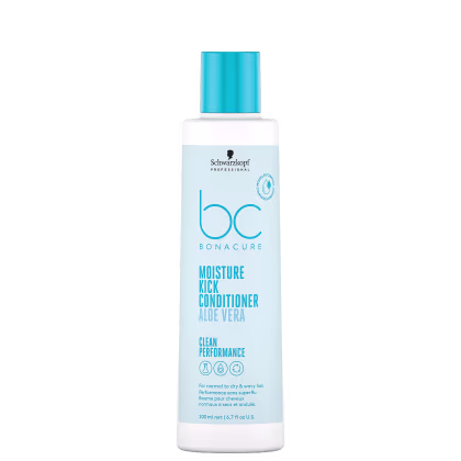 Frasco branco e azul da linha Bonacure Moisture Kick da Schwarzkopf Professional, contendo condicionador de 200ml. Rótulo com nome do produto, marca e informações sobre o uso em cabelos normais a secos e ondulados.