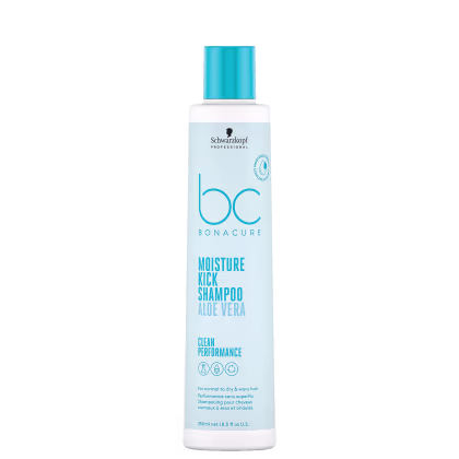 Frasco branco e azul da linha Bonacure da Schwarzkopf Professional, contendo Shampoo Moisture Kick com Aloe Vera para cabelos normais a secos e ondulados. Embalagem de 250 ml com informações sobre o produto.