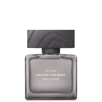Frasco de perfume masculino da marca Narciso Rodriguez, com embalagem de vidro escuro e rótulo com o nome do produto "Musc Santal" em letras brancas.