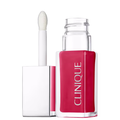 Frasco de batom líquido Clinique Clinique Pop Lip + Cheek Oil com aplicador em forma de pincel, em tom rosa