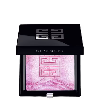 Iluminador em Pó Givenchy Prisme Libre Highlighter, com caixa preta com logotipo Givenchy em relevo e conteúdo com marcação do logo e desenho de pesponto e geométrico