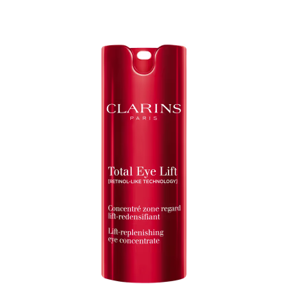 Frasco vermelho da linha Total Eye Lift da Clarins, na versão refil
