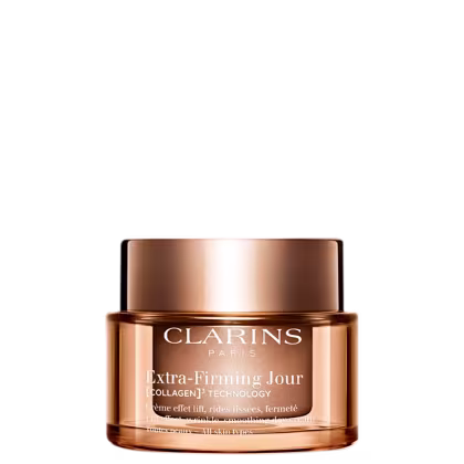 Pote de creme facial da marca Clarins, com embalagem dourada e rótulo com o nome "Extra-Firming Jour" e "Collagen+ Technology".