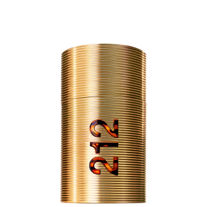 Perfume 212 Men NYC Parfum Carolina Herrera com frasco cilíndrico dourado com rótulo em relevo exibindo a marca "212".