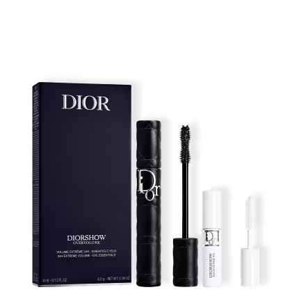 Caixa preta da marca Dior contendo máscara de cílios Overvolume e base-sérum de cílios de volume extremo