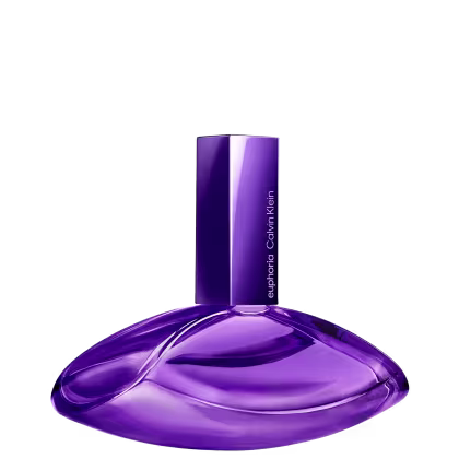 Frasco de item de perfumaria de cor violeta brilhante, com formato ovalado e tampa retangular. Rótulo com o texto "euphoria Calvin Klein" em letras brancas.