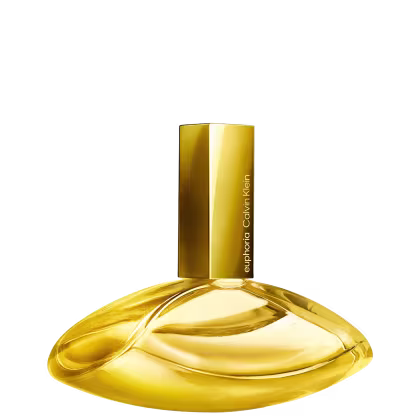 Frasco de item de perfumaria dourado com tampa retangular, contendo texto "euphoria Calvin Klein" em letras douradas. O frasco possui formato arredondado e brilhante, com superfície lisa e curvas suaves.