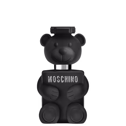 Perfume em design de boneco pelúcia preto com logotipo Moschino, em formato de urso, com detalhes em preto fosco e brilhante.