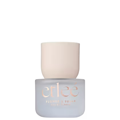 Frasco de perfume Etleé Flower & Sugar com texto em relevo dourado, com tampa bege