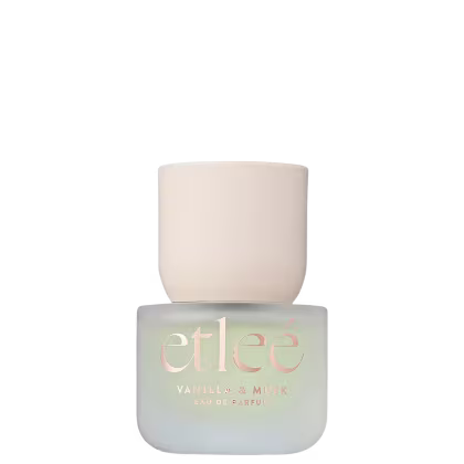 Frasco de perfume Etleé em tons de verde claro e branco. Rótulo com o nome da marca e a fragrância "Vanilla & Musk" em destaque e letras douradas