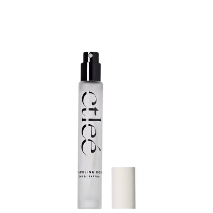 Frasco de perfume Etleé Sparkling Rose, com embalagem transparente e borrifador preto