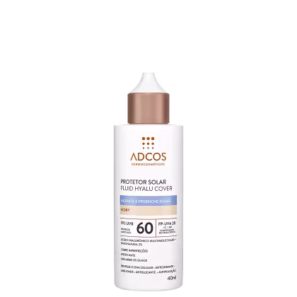 Protetor solar fluido Hyalu Cover da Adcos, com FPS 60 e embalagem branca, contendo informações sobre o produto e seus benefícios.