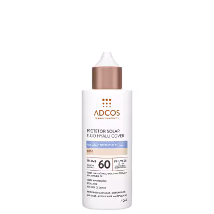 Protetor solar fluido Hyalu Cover da marca Adcos, com FPS 60 e embalagem branca, contendo informações sobre o produto em rótulo.