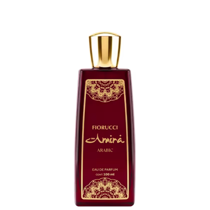 Frasco de perfume Fiorucci Amira Arabic, com design elegante em vermelho e dourado, contendo 100 ml de eau de parfum. O rótulo apresenta detalhes florais dourados em estilo árabe.