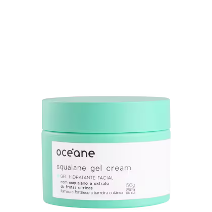 Pote de creme facial em tons de verde com rótulo da marca Océane, contendo a descrição "Squalane gel cream" e informações sobre o produto.