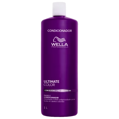 Frasco de condicionador da linha Ultimate Color da Wella Professionals, com 1 litro de volume, embalagem roxa com logo da marca, contendo informações sobre os benefícios do produto.