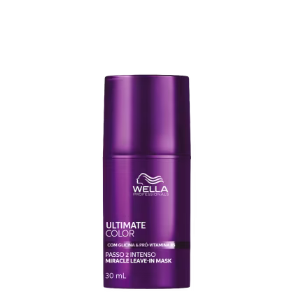 Frasco de máscara capilar da marca Wella Professionals, na cor roxa, com rótulo indicando "Ultimate Color" e "Passo 2 Intenso Miracle Leave-In Mask", com 30 ml de volume.