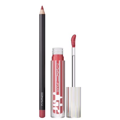 Lápis Labial Velvet Teddy (bege profundo) e Gloss Labial Air Non-Sticky na cor Casual (pêssego escuro) da marca M·A·C.