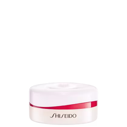 Pote branco com faixa vermelha e logotipo Shiseido, contendo pó solto facial.