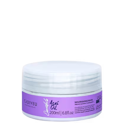 Frasco de máscara nutritiva Cadiveu Professional com 200ml, contendo óleo de açaí. Embalagem circular transparente com rótulo roxo destacando o nome do produto.