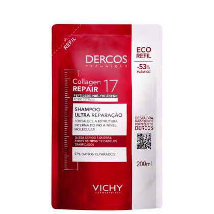 Frasco de shampoo da marca Dercos Technique, na cor vermelha, com rótulo branco destacando "Collagen Repair 17" e "Shampoo Ultra Reparação", com informação sobre refil e redução de plástico.