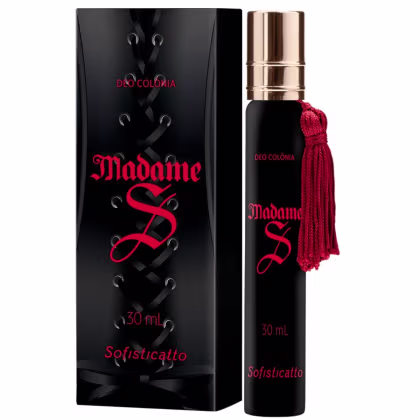 Frasco de perfume Deo Colonia Madame S da marca Sofisticatto, com embalagem preta e vermelha, contendo 30 ml do produto.