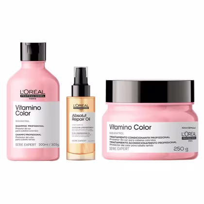 Kit L'Oréal Professionel Vitamino Color Resveratrol + Absolut Repair Oil Trio, 3 produtos.