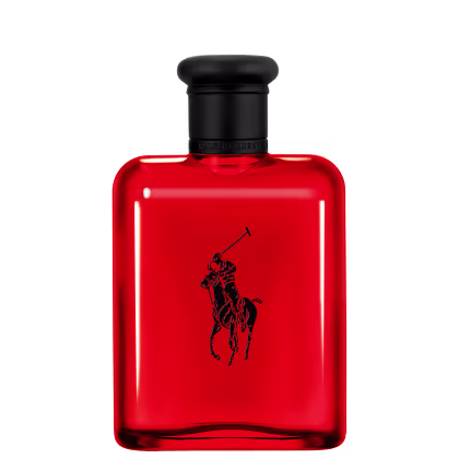Frasco de perfume Polo Red vermelho com logotipo da marca Ralph Lauren em preto. Embalagem de vidro com tampa preta.