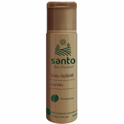Gel corporal unissex da marca Santo Bio-Planted, com sabor de baunilha. Embalagem cilíndrica de plástico dourado.