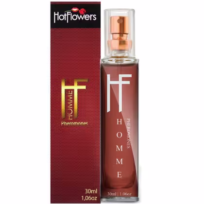 A imagem mostra o Perfume Masculino HF Homme da marca HotFlowers e sua caixa ao lado.