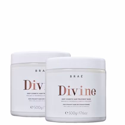 Dois frascos brancos da marca Braé, contendo o tratamento capilar "Divine" para cabelos lisos ou alisados. Os frascos possuem rótulos com o nome do produto e informações sobre seu uso.