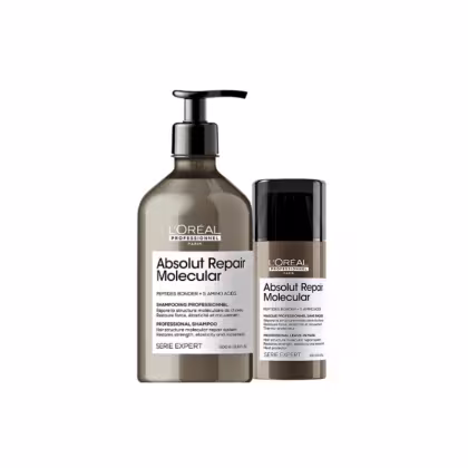 A imagem mostra um kit contendo um shampoo e um leave-in, todos da linha Absolut Repair Molecular de L'Oréal Professionnel. Possuem o frasco com a cor marrom e tampa preta.