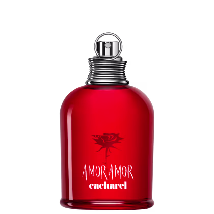 Frasco de perfume Amor Amor da Cacharel, com design arredondado e tampa metálica, em vermelho brilhante com logotipo e nome da marca em destaque.