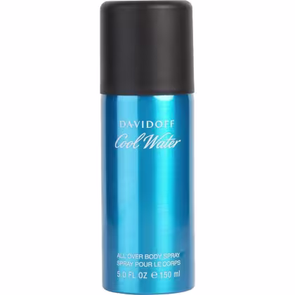 Frasco de desodorante corporal Davidoff Cool Water, com embalagem azul brilhante e tampa preta. O rótulo exibe o nome da fragrância em letras brancas.