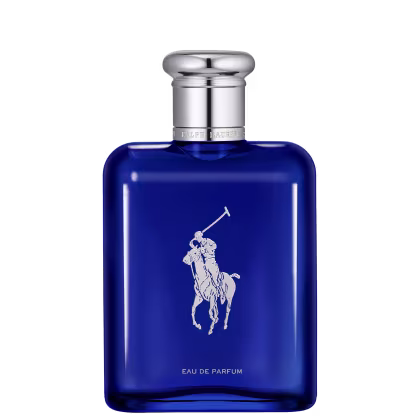 Frasco de perfume da marca Ralph Lauren, com design elegante e sofisticado em tom azul intenso. O rótulo apresenta o logotipo da marca em branco, com a inscrição "Eau de Parfum" abaixo.