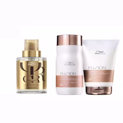 Kit Wella Professionals Fusion + Oil Reflections Trio Intense, 3 produtos.