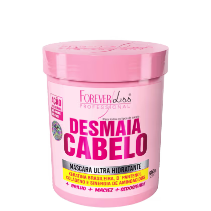 Embalagem rosa de máscara capilar da linha Forever Liss Professional, com rótulo indicando "Desmaia Cabelo" e ingredientes como Keratina Brasileira, D-Pantenol e Colágeno.