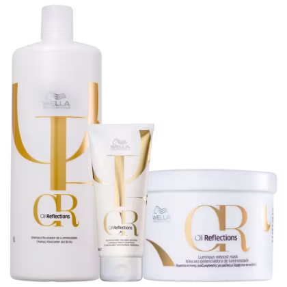 Produtos da linha Oil Reflections da Wella Professionals, incluindo um frasco de shampoo, um tubo de condicionador e um pote de máscara, todos com design em branco e dourado.