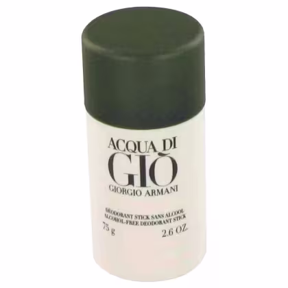 Desodorante em bastão sem álcool da marca Giorgio Armani, linha Acqua di Gio. Embalagem cilíndrica branca com tampa verde escura.