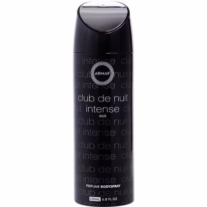 Frasco de perfume corporal preto com rótulo "Club de Nuit Intense" da marca Armaf. O frasco possui formato arredondado e tampa preta brilhante. 