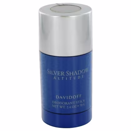 Desodorante em barra da linha Silver Shadow Altitude da Davidoff, com embalagem cilíndrica prateada e azul, contendo informações sobre a marca e o produto.