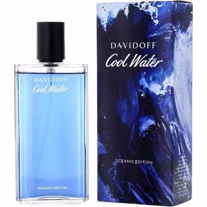 Frasco de perfume Davidoff Cool Water Oceanic Edition, com embalagem azul e preta destacando o nome da fragrância. O frasco é transparente, com líquido azul claro, e o rótulo apresenta o nome da marca e a edição "Oceanic".