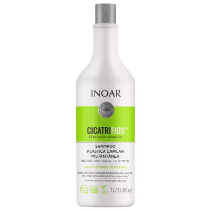 Frasco branco com rótulo verde da linha Cicatrifios da Inoar, contendo shampoo para tratamento capilar instantâneo, com ação antifrizz e redução progressiva de volume.