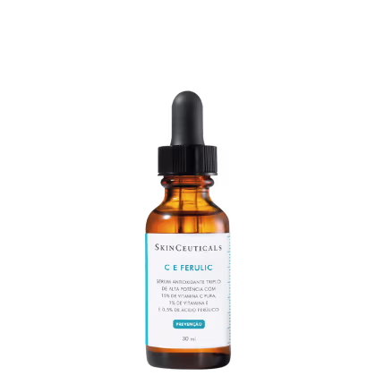 Frasco de vidro âmbar com conta-gotas preto contendo sérum antioxidante da SkinCeuticals, com 15% de vitamina C pura, 1% de vitamina E e 0,5% de ácido ferúlico, para prevenção de sinais de envelhecimento.