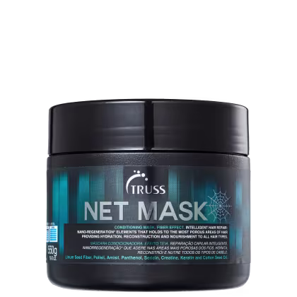 Frasco preto com rótulo azul e branco da marca Truss, contendo a máscara condicionadora "Net Mask" com efeito fibra, reparação capilar inteligente e ingredientes como óleo de linhaça, pantenol e queratina.