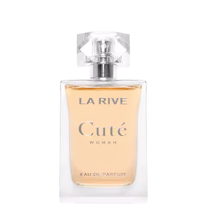 Frasco de perfume La Rive Cute Woman, com design geométrico em vidro transparente e rótulo em tons de laranja e cinza. Embalagem elegante e sofisticada, com informações sobre a fragrância.