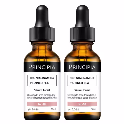 Dois frascos de soro facial Principia contendo 10% de niacinamida e 1% de zinco PCA, com rótulos pretos e detalhes em laranja, apresentando informações sobre o produto e seu pH.