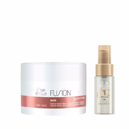 Kit com máscara Fusion e óleo capilar Oil Reflections Light, da marca Wella Professionals.